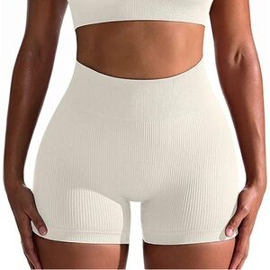 Biker/ Yoga Shorts, Ribbed, Seamless Workout, High Waist, Off White